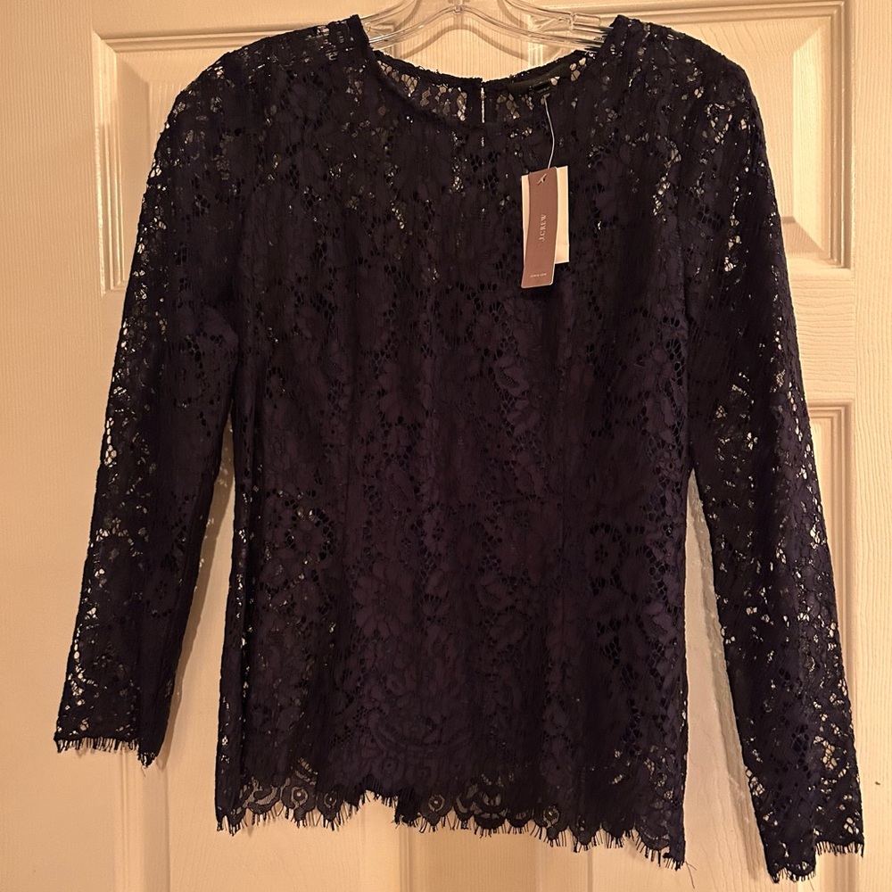 J. Crew, NWT, Lace Blouse with built-in Chemise. Navy, Size 6
